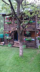 ein Holzhaus mit Blumen und einem Baum in der Unterkunft Pensiunea Anita in Vişeu de Sus