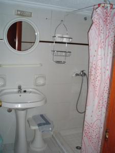 baño con lavabo y cortina de ducha en Mertonas Studios, en Karpathos