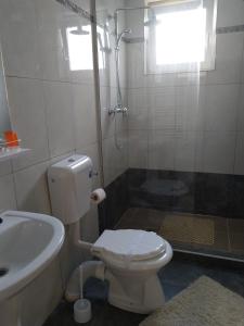 a bathroom with a toilet and a sink and a shower at Casa Crina in Baile Unu Mai