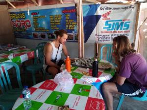 dos mujeres sentadas en una mesa en un puesto de comida en Shanum Homestay Pulau merah, en Pasanggaran