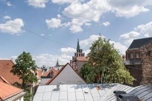 Blick auf eine Stadt mit Dächern und eine Kirche in der Unterkunft Cozy Studio Mansard Riga Old Town Aptartment, AC in Riga