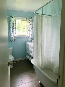a bathroom with a tub and a toilet and a window at Beachside on Lake Muskoka in Port Carling