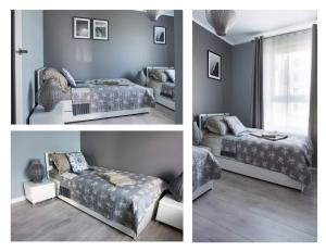 3 fotos diferentes de un dormitorio con 2 camas en Apartamenty Cypryjskie 2 sypialnie, en Koszalin