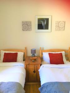 una camera con due letti e un tavolo con una lampada di Heddfan (Place of Peace) a Llanboidy