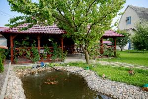 einen Teich vor einem Pavillon mit Garten in der Unterkunft Giandra Resort in Turda