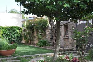a garden with a tree and a stone wall at B&B Casa Ghiani in Ìsili