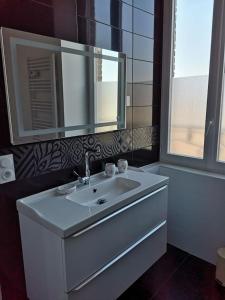 bagno con lavandino bianco e specchio di Appartement Spacieux et confortable a Châteaubourg
