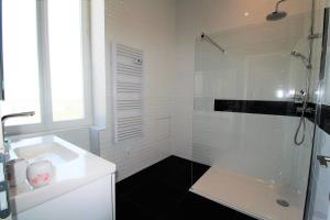bagno bianco con doccia e lavandino di Appartement Spacieux et confortable a Châteaubourg