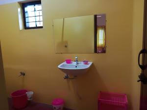 un bagno con lavandino e specchio di Sukriti beach Resort a Varkala