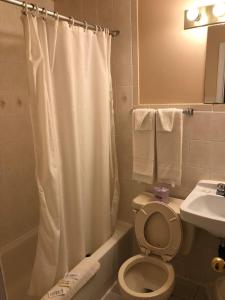 bagno con tenda da doccia bianca e servizi igienici di Niagara Inn & Suites a Niagara Falls