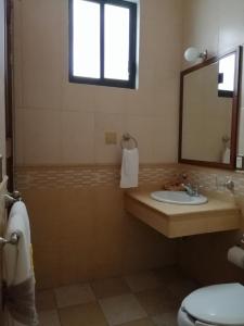 a bathroom with a sink and a mirror and a toilet at Paraje La Huerta in Oaxaca City