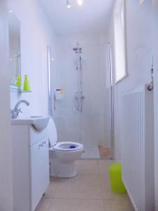 a white toilet sitting next to a bath tub in a bathroom at La Lodelinsartoise - Meublé de vacances 3 clés in Charleroi