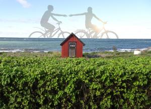 Dos personas montando en bicicleta en la playa con una casa roja en 1C, Första parkett, 50m till badstrand en Byxelkrok