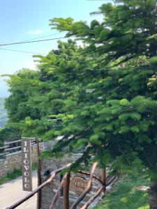 uma árvore ao lado de uma cerca com um sinal em Iliovolo Guesthouse em Milies