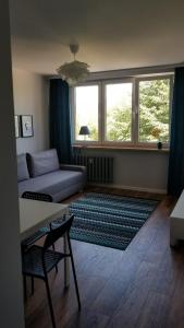 sala de estar con sofá, mesa y ventanas en Apartament Turkusowy Ruciane-Nida en Ruciane-Nida