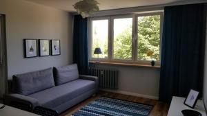 un soggiorno con divano e finestra di Apartament Turkusowy Ruciane-Nida a Ruciane-Nida