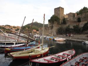 un grupo de barcos atracados en un puerto con un castillo en Maison Chêne Liège, en Maureillas