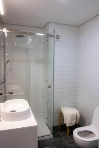 a bathroom with a shower and a toilet and a sink at Apartment Trindade Way in Porto