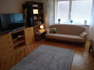 a living room with a couch and a flat screen tv at Kaktusik in Suwałki