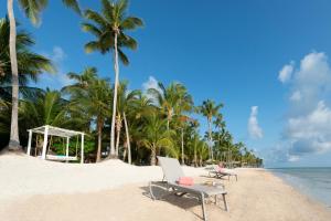 a beach area with chairs, a table, and a beach umbrella at Catalonia Royal Bavaro - All Inclusive - Adults Only in Punta Cana