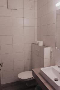 a white bathroom with a toilet and a sink at Arrahof in Harmannschlag