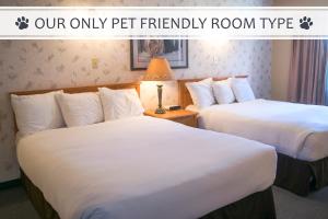 two beds in a hotel room with a sign that reads our only pet friendly room at Aspen Village in Waterton Park