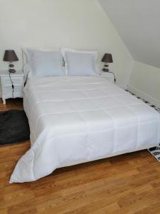 un grande letto bianco in una stanza con due lampade di Chambres d'Hôtes Chez Marilou ad Aulnay-sous-Bois