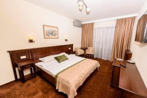 ein Hotelzimmer mit einem Bett und einem Schreibtisch in der Unterkunft Pensiunea Alex & Restaurant in Eşelniţa