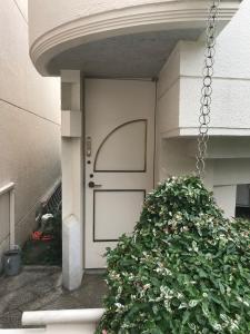 a white front door of a building with a bush at near shibuya quiet residential area in Tokyo