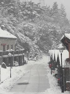 een met sneeuw bedekte straat met auto's aan de zijkant geparkeerd bij Unifamiliar con jardin VU-HUESCA-22-315 in Villanúa
