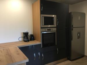 a kitchen with a refrigerator and a microwave at Le petit verger in Dompierre-les-Tilleuls