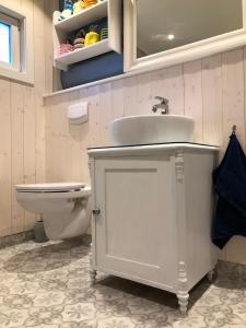 a bathroom with a sink and a toilet at Charming Lakeside House with sauna in Lillehammer +26 photos