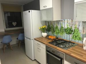 a kitchen with a refrigerator and a stove top oven at Comfortable Apartament in Katowice