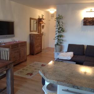 ein Wohnzimmer mit einem Sofa und einem TV in der Unterkunft 4* + 5* Luxury Apartments in Sankt Gilgen