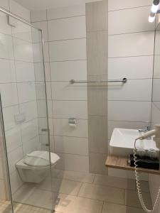 een badkamer met een toilet en een glazen douche bij Da Yang in Rankweil