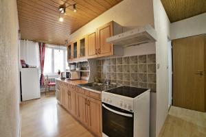 La cuisine est équipée de placards en bois et d'une cuisinière blanche. dans l'établissement apartmány 2+1 u Klínovce, à Kovářská