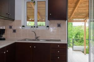 une cuisine avec un évier et une grande fenêtre dans l'établissement Diogenis Residence Euphoria, à Arménoi 73 autres photos