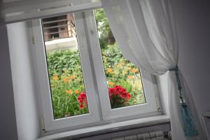 a window with a view of a garden with flowers at Apartament wygodny S3 in Kalisz +10 photos