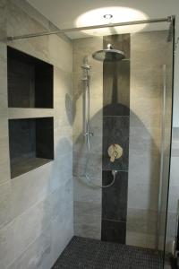 a shower with a glass door in a bathroom at Rüdesheimer Wohlfühloase in Rüdesheim am Rhein +16 photos