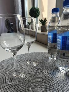 グダニスクにあるApartament Gnilnaのワイングラス2杯(テーブルに座ってボトル入り飲料水付)