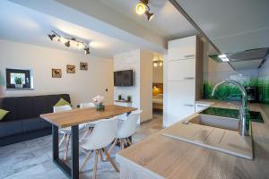 a kitchen and living room with a wooden table and chairs at Chilly apartment in Bled