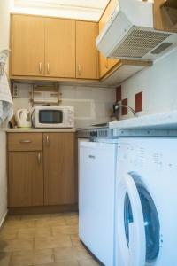 uma cozinha com uma máquina de lavar roupa e um micro-ondas em Yvonni Studios em Patmos