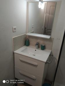 La salle de bains est pourvue d'un lavabo et d'un miroir. dans l'établissement Studio Sausset les pins, à Sausset-les-Pins
