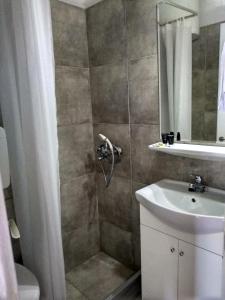 a bathroom with a shower and a sink and a mirror at Villa Constantina Apartments in Liyiá