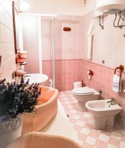 a pink bathroom with a tub and a toilet and a sink at Casa Alice in Camigliatello Silano +18 photos