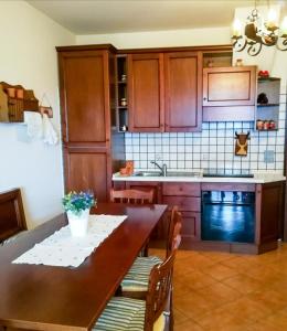 uma cozinha com uma mesa de madeira e um lavatório em Casa Alice em Camigliatello Silano