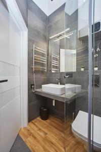 La salle de bains est pourvue d'un lavabo et de toilettes. dans l'établissement Ванный переулок Апартаменты Миконос, à Odessa