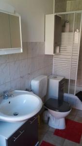 a bathroom with a sink and a toilet and a sink at Ferienwohnung bi Klatt tu Hus in Wremen