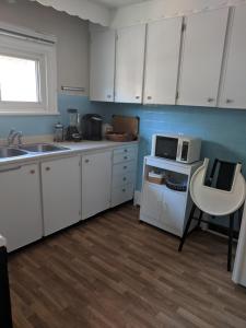 eine Küche mit weißen Schränken, einer Spüle und einer Mikrowelle in der Unterkunft Elcho's ExplOre Ottawa #3 in Ottawa