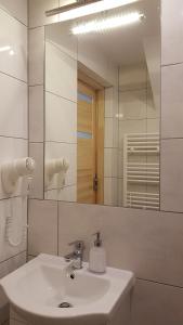 a bathroom with a sink and a mirror at Domki w Beskidach in Zarzecze